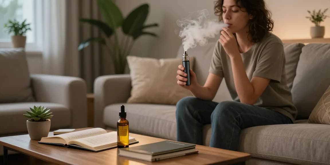 Enjoying a thc weed vape in a cozy living room, with CBD oil and wellness journals present.