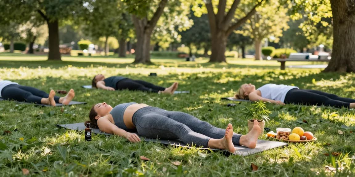 Muha Meds CBD oil bottle next to yoga mat during outdoor wellness routine in a serene park, promoting healthy living and natural recovery.