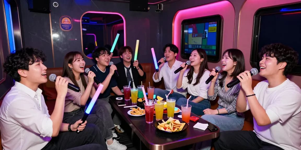 Friends having fun at 인천쓰리노 karaoke venue with colorful lights and drinks.