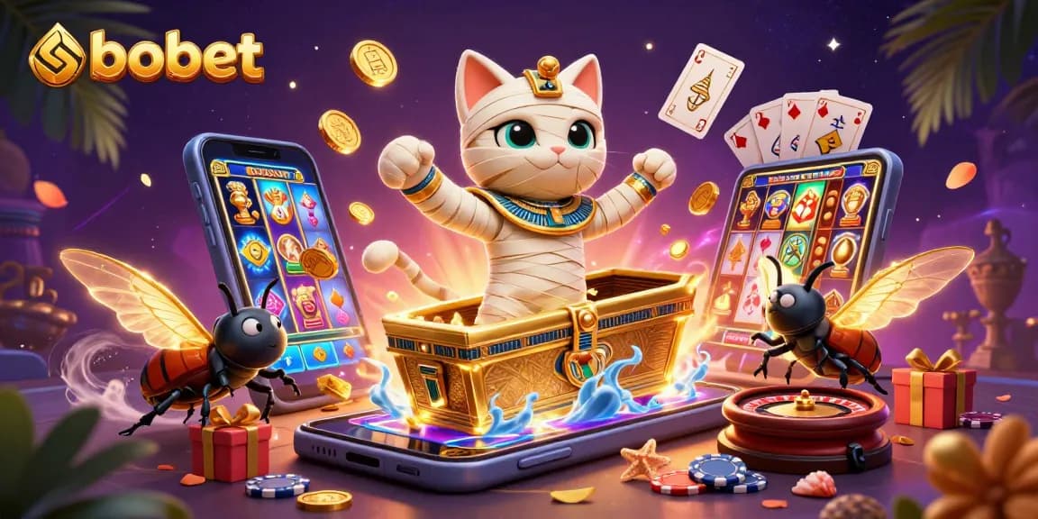 Join the sbobet adventure with a mummy cat and scarab beetle in a vibrant casino scene.