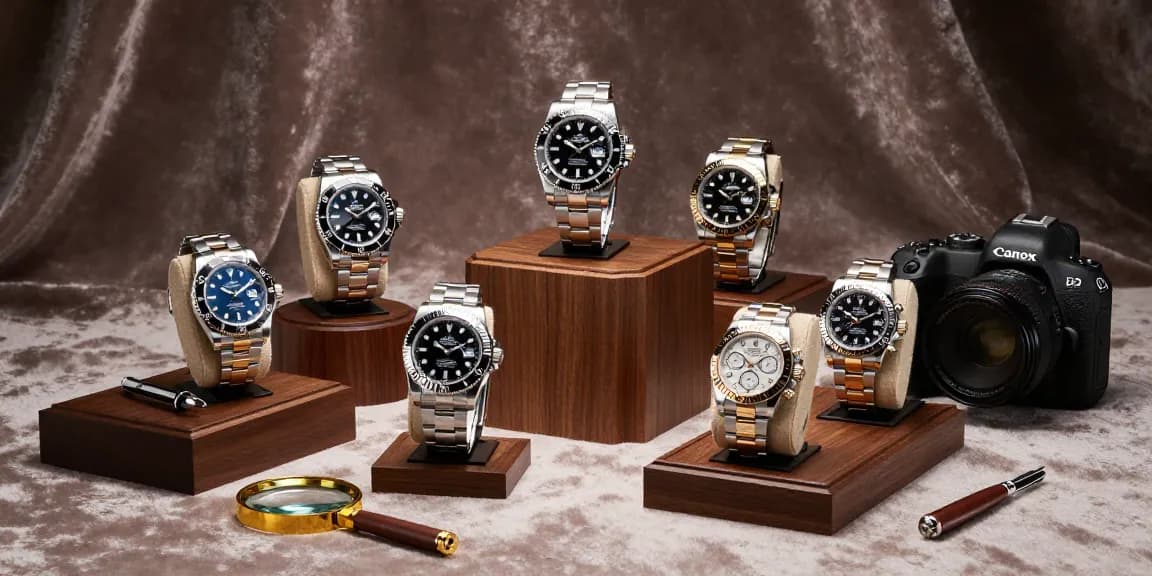 Stunning collection of rolex replica watches highlighting luxury and craftsmanship with detailed accessories.