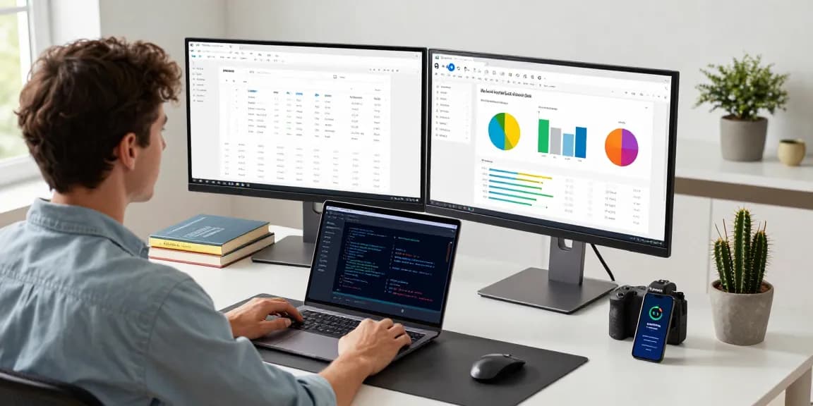 Download WPS Office with an organized workspace featuring dual monitors and tech gadgets.
