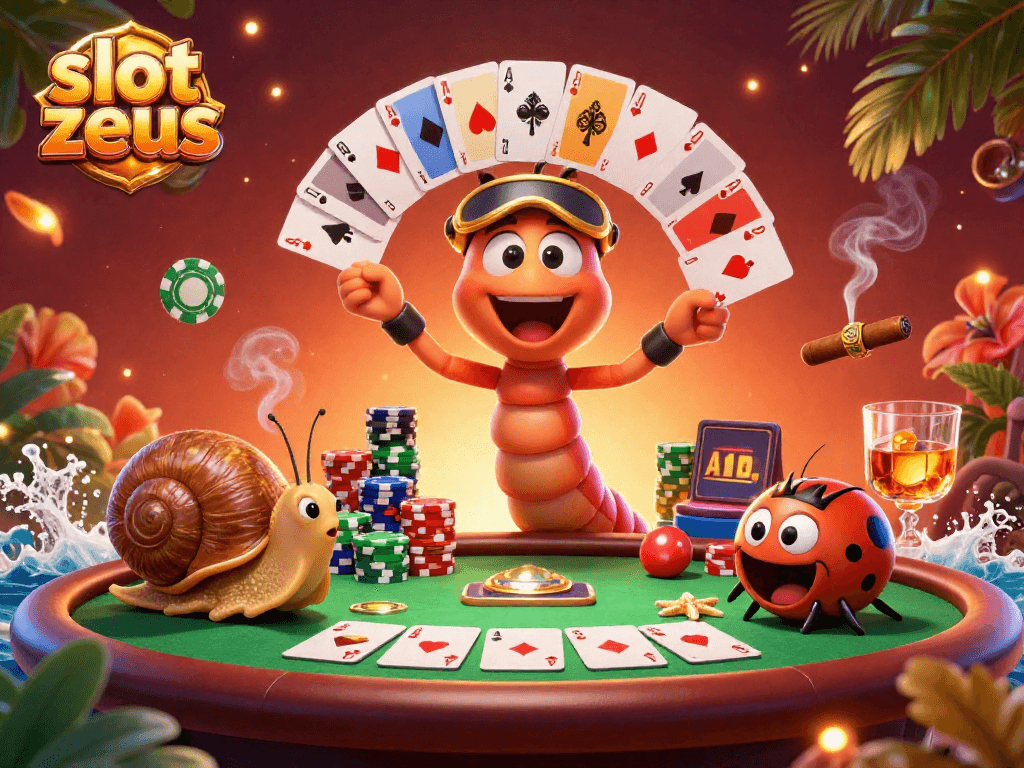 Spin to win with slot zeus in this vibrant casino scene filled with poker excitement.