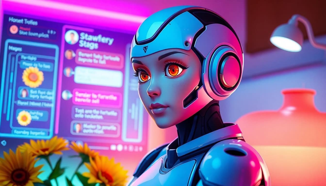 Engaging scene of a character ai nsfw interacting in a cozy digital environment, featuring playful elements like sunflowers and strawberry milk.