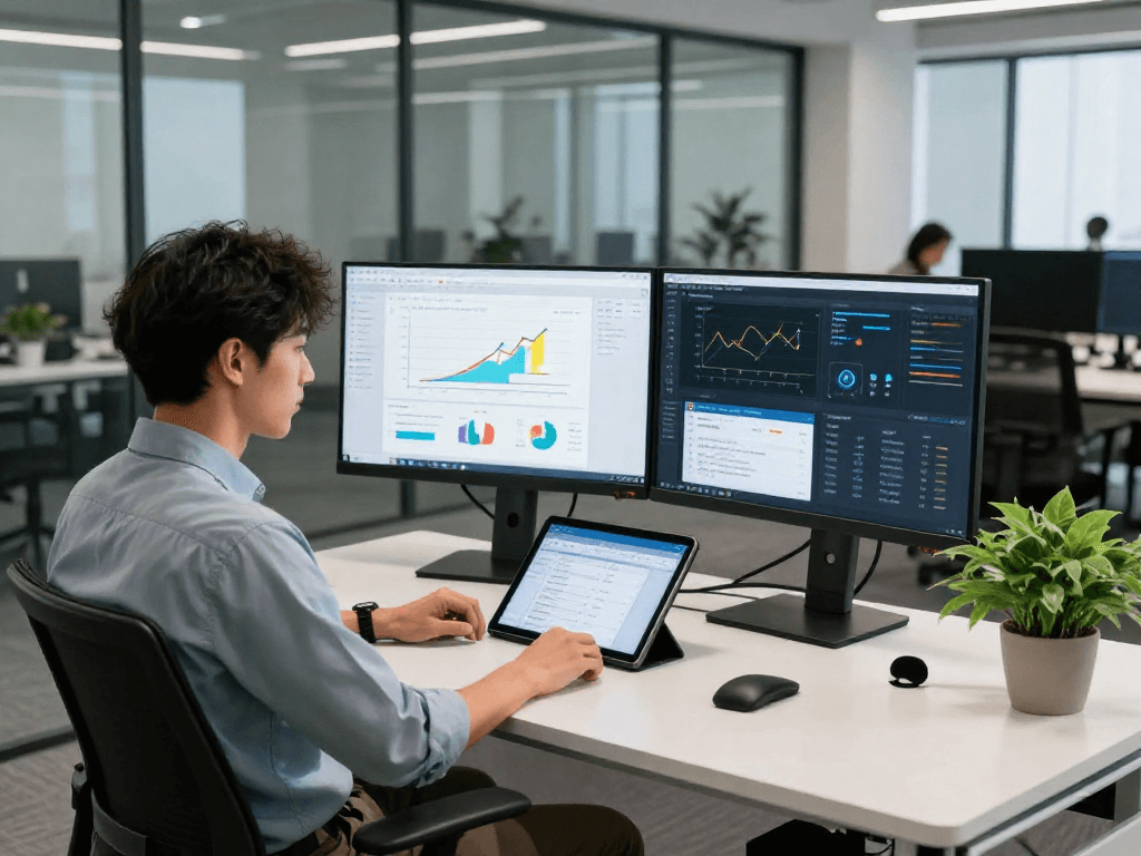 AI detector in use by a data analyst analyzing content moderation metrics in a professional workspace