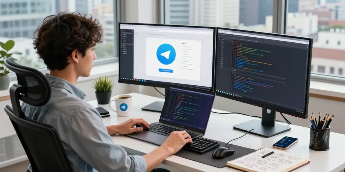 Developer focused on telegram中文版下载 with modern tech setup featuring monitors and coding interface.