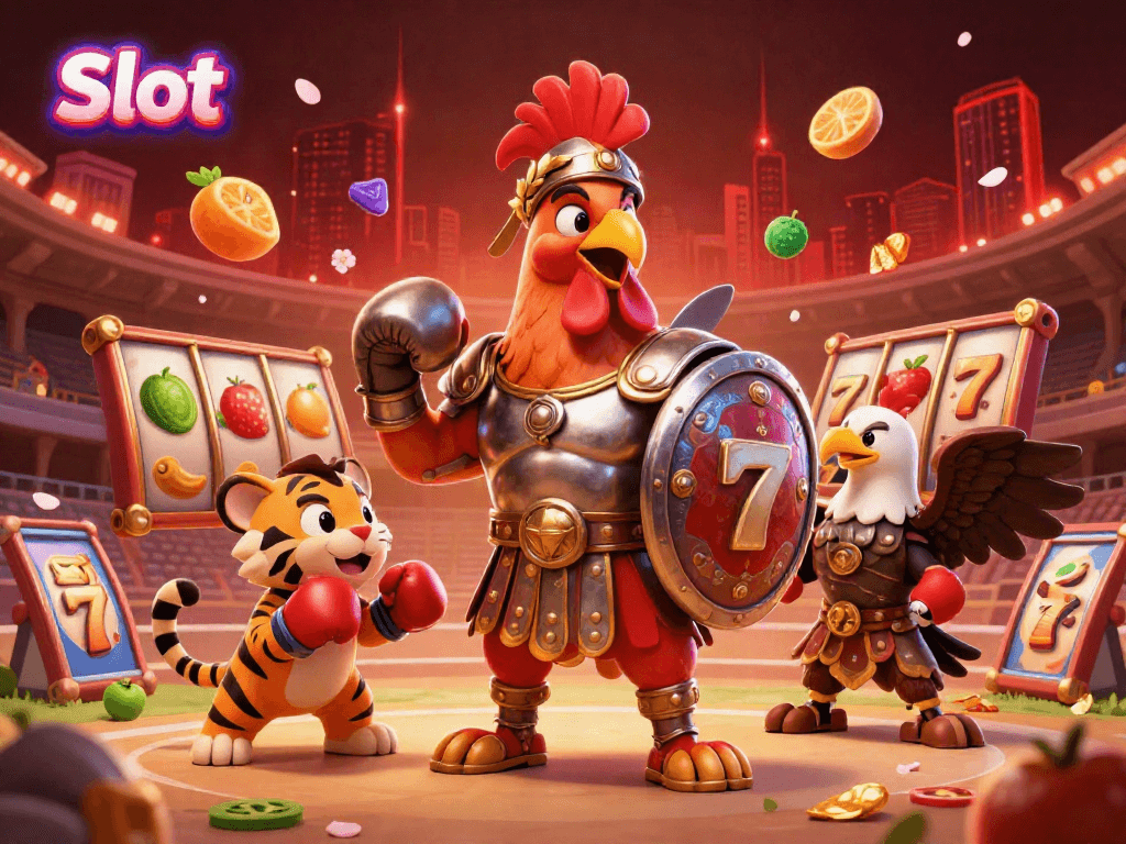 Engage with the thrilling Slot arena featuring a gladiator rooster, colorful reels, and dynamic game elements.