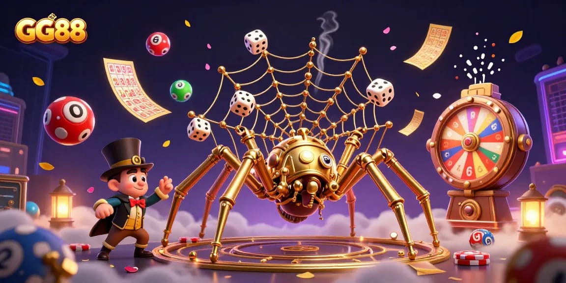 Experience thrilling wins at GG88 with a vibrant 3D casino scene featuring animated game elements and characters.
