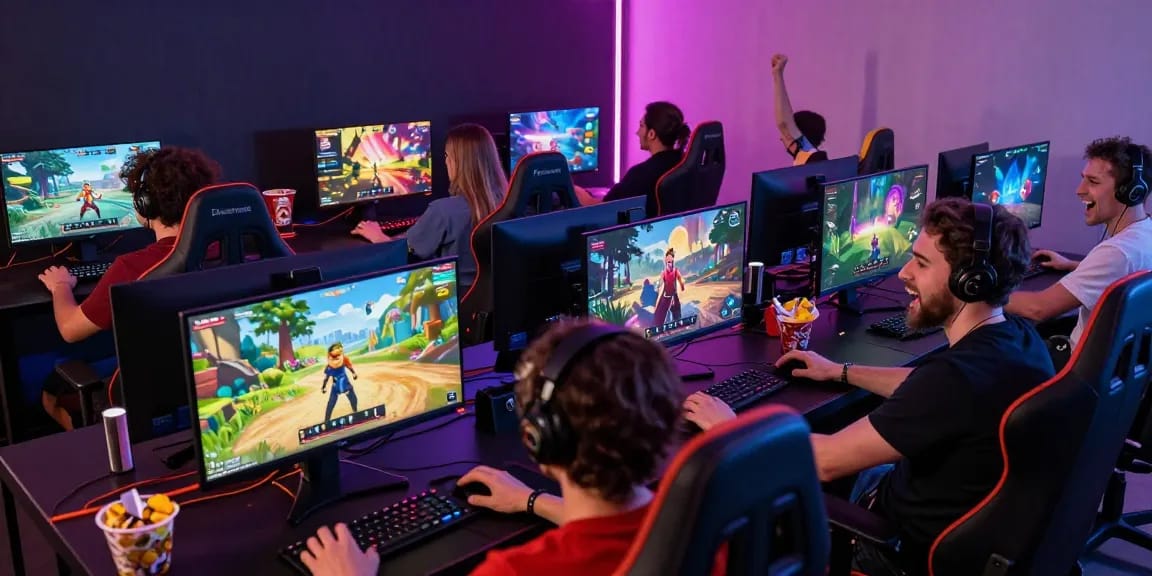 Players immersed in free porn games on various devices in a vibrant gaming atmosphere.