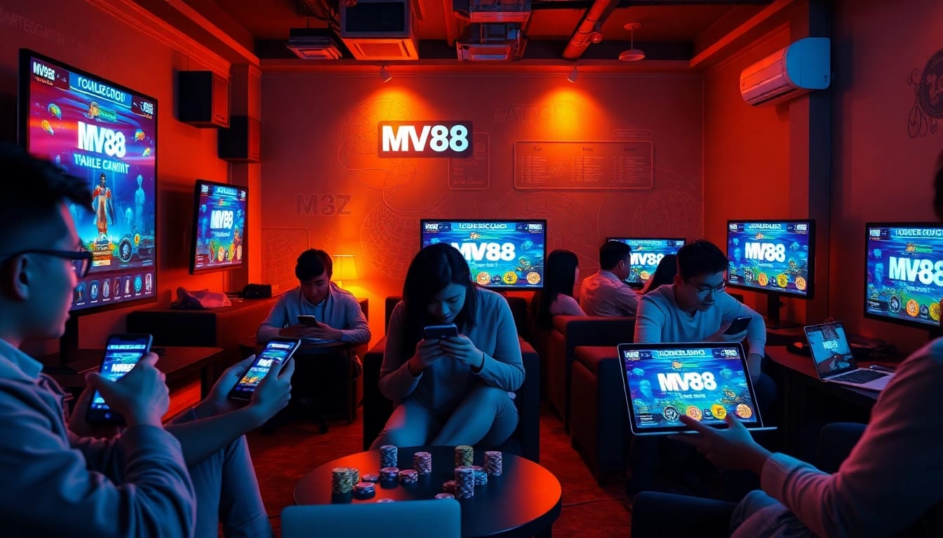 Engaged players enjoying the MV88 game in a vibrant online gaming lounge.