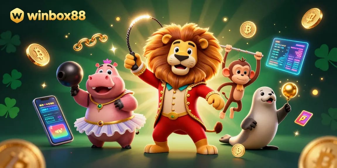 Experience the excitement of winbox88 with vibrant characters and casino elements in a dynamic 3D illustration.