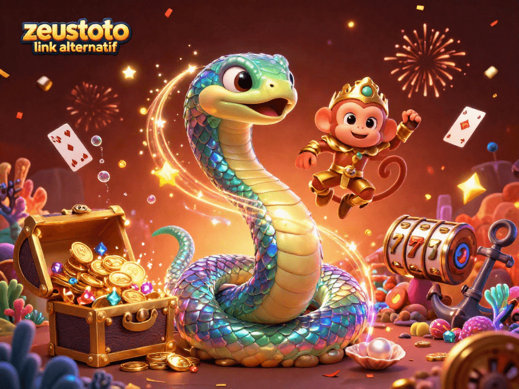 Experience excitement like "zeustoto link alternatif" as the rainbow serpent and monkey king celebrate with vibrant casino elements.