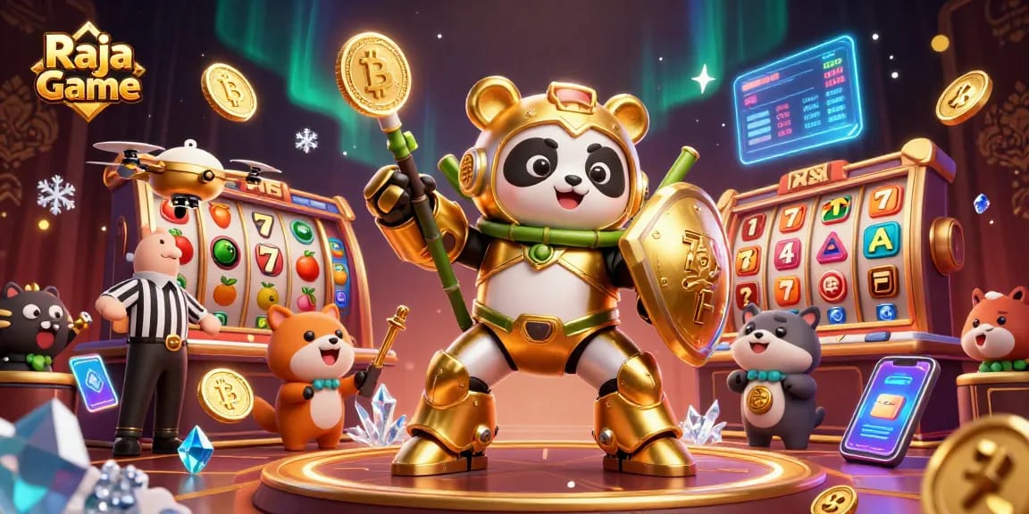 Experience thrilling wins with Raja Game in a dynamic casino setting featuring a panda in a mech-suit.