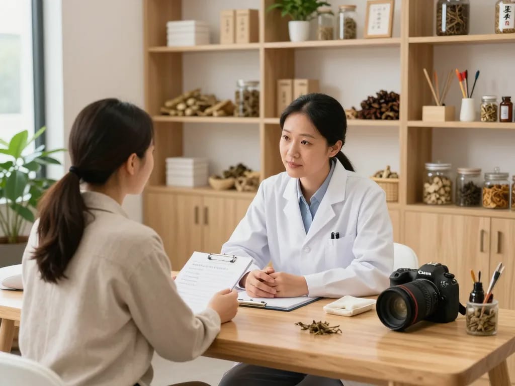 Consultation at the 수원한의원 with a practitioner discussing treatment options and herbal remedies.