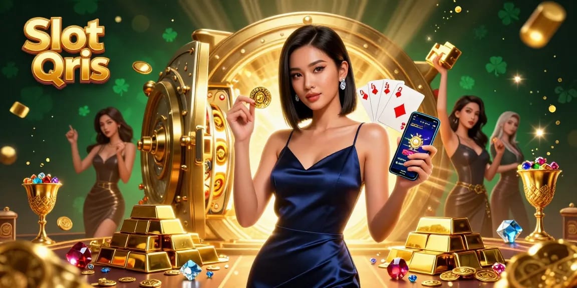 Activating Slot Qris with an Asian woman holding chips and a casino app amidst treasures.