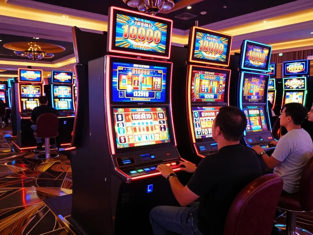 Players enjoying vibrant slot 10000 machines in a lively casino atmosphere.