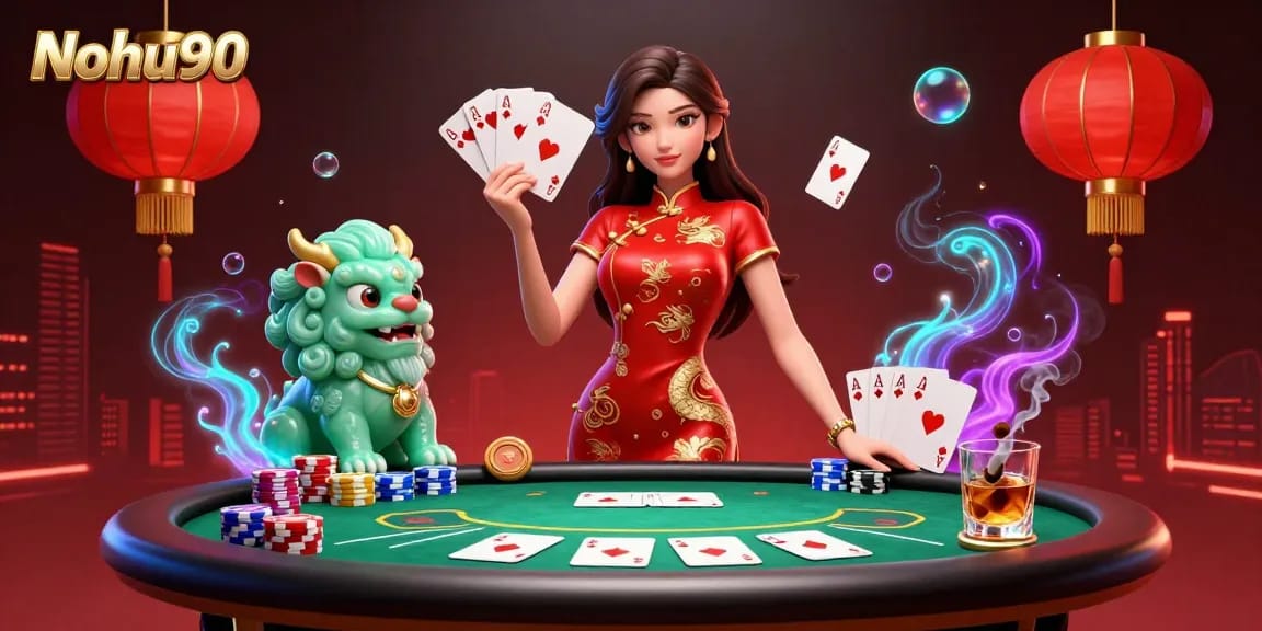 Nohu90 invites you to join an exciting gambling adventure with slots and jackpots illustrated in a vibrant casino scene.
