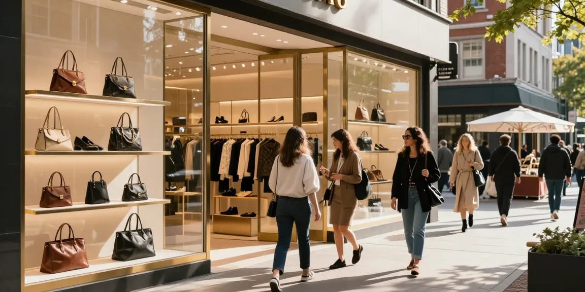 A vibrant urban shopping scene highlighting a high-quality 레플리카 사이트 with stylish individuals browsing luxury replica products in a bright, inviting environment.