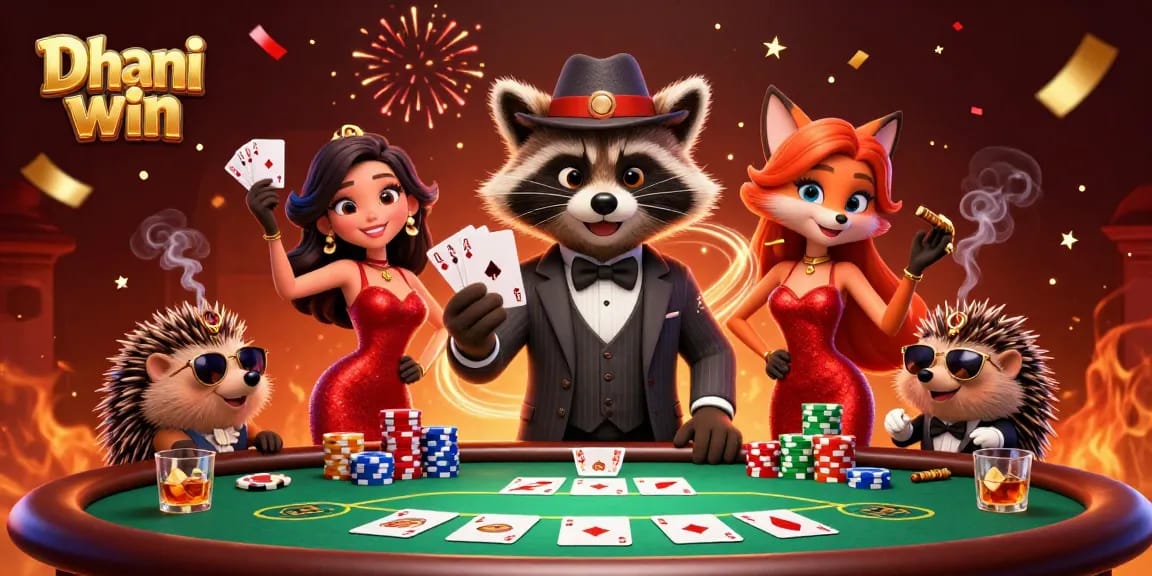 Dhani win illustration featuring a raccoon, fox, and hedgehog in a vibrant casino scene, celebrating at poker.