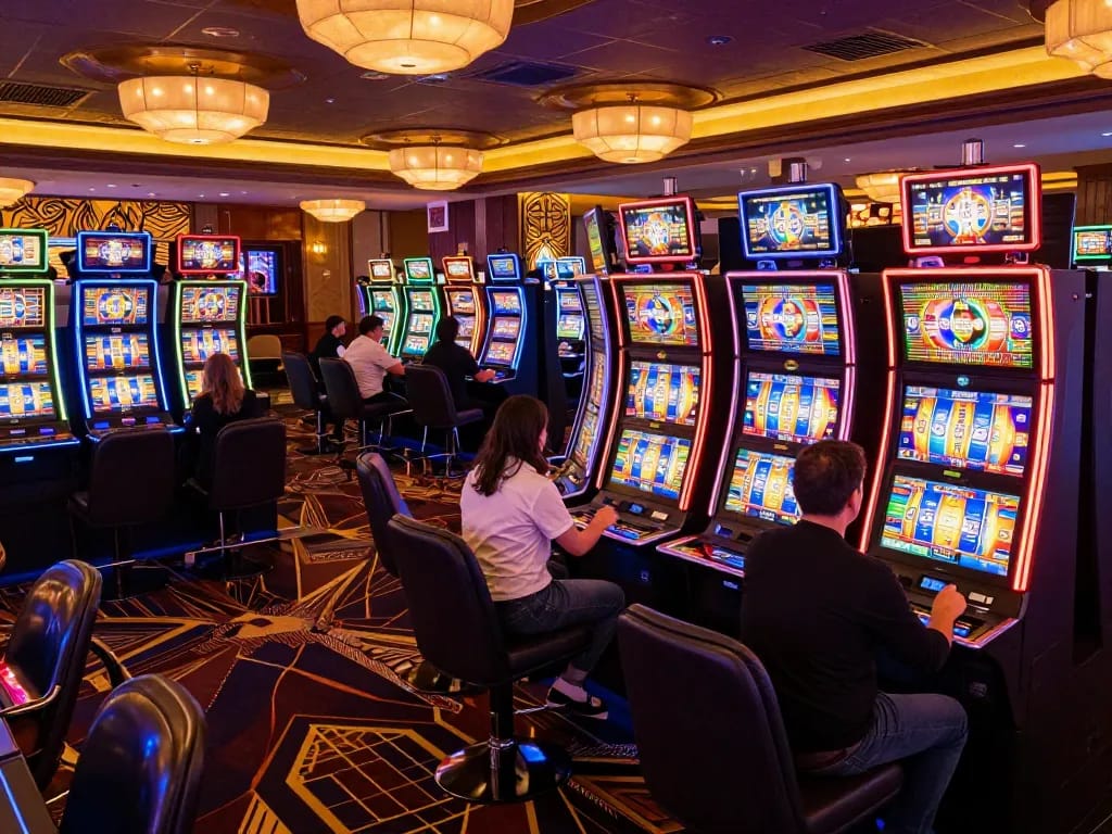Players engaging with colorful slot machines in a vibrant casino atmosphere