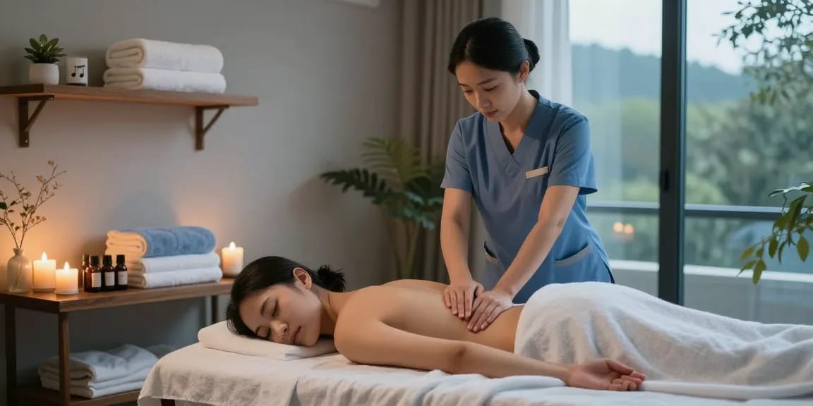Serene moment inside a premium 1인샵, showcasing a therapist performing a calming Swedish massage with aromatherapy and soft lighting.