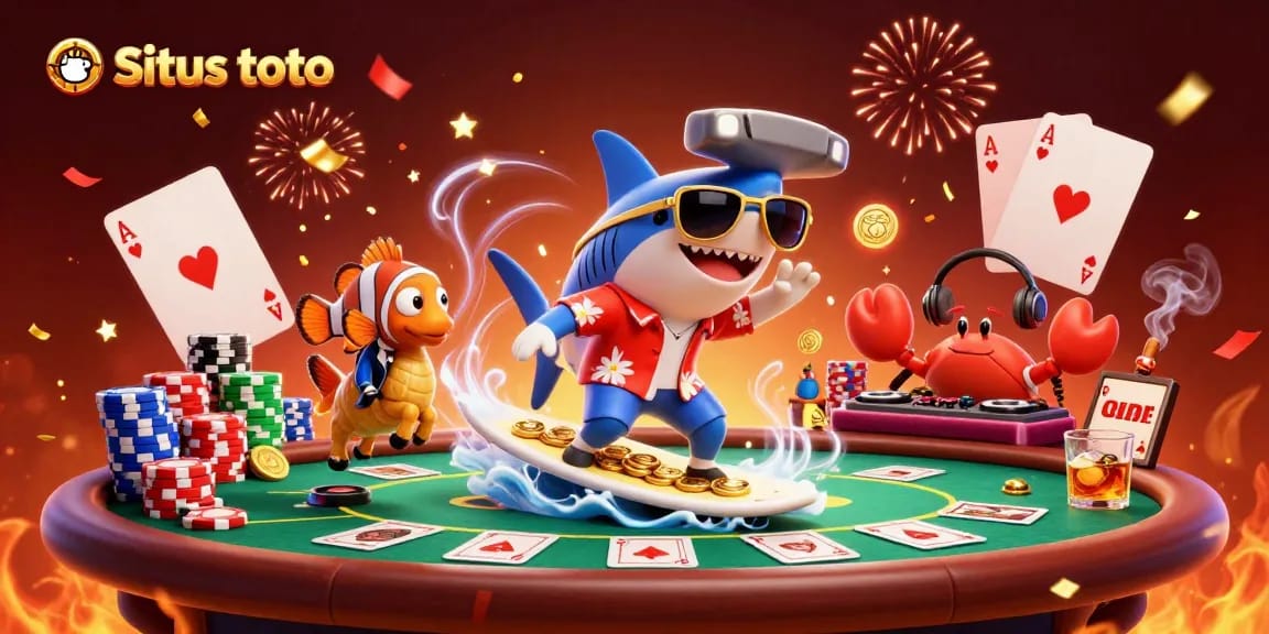 Situs toto captures the excitement of online gambling with vibrant characters surfing through a dynamic casino scene.