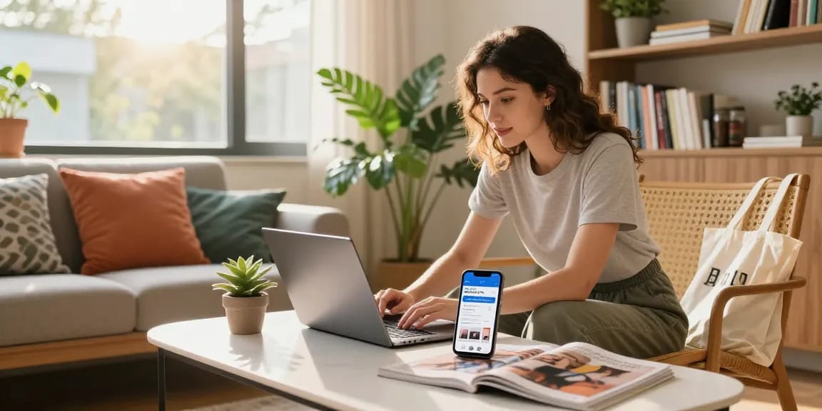 Stylish woman shopping on a laptop at home, showcasing a 레플리카 사이트 online shopping experience.