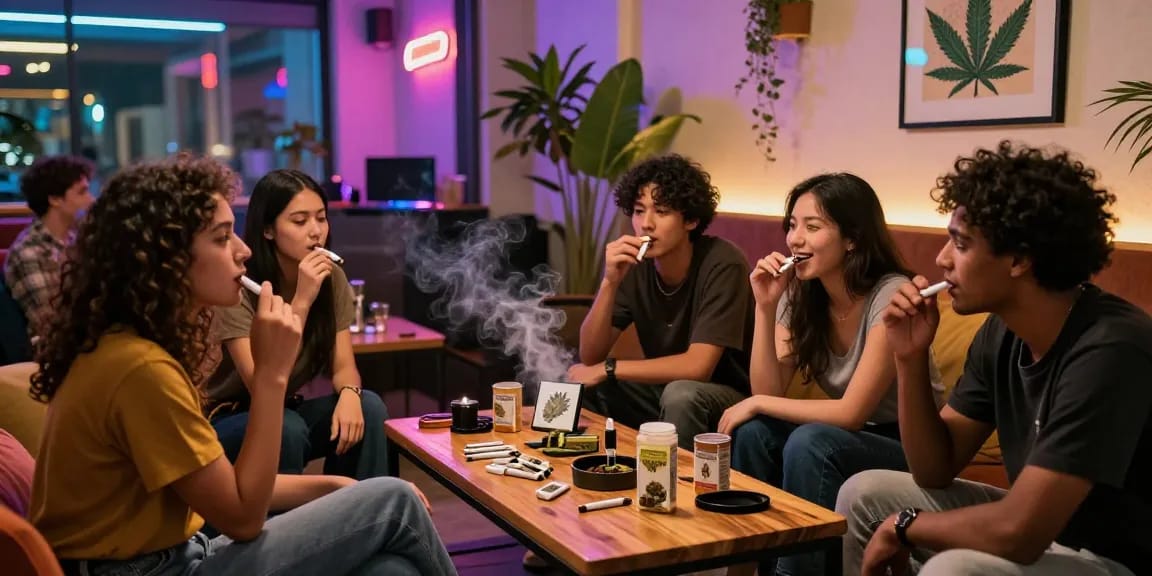 Enjoying pre rolled THC joints with friends in a cozy urban cannabis lounge.
