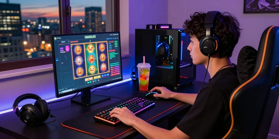 Exciting GARUDA303 login scene showcasing a player engaging with colorful slot games on a vibrant gaming laptop.