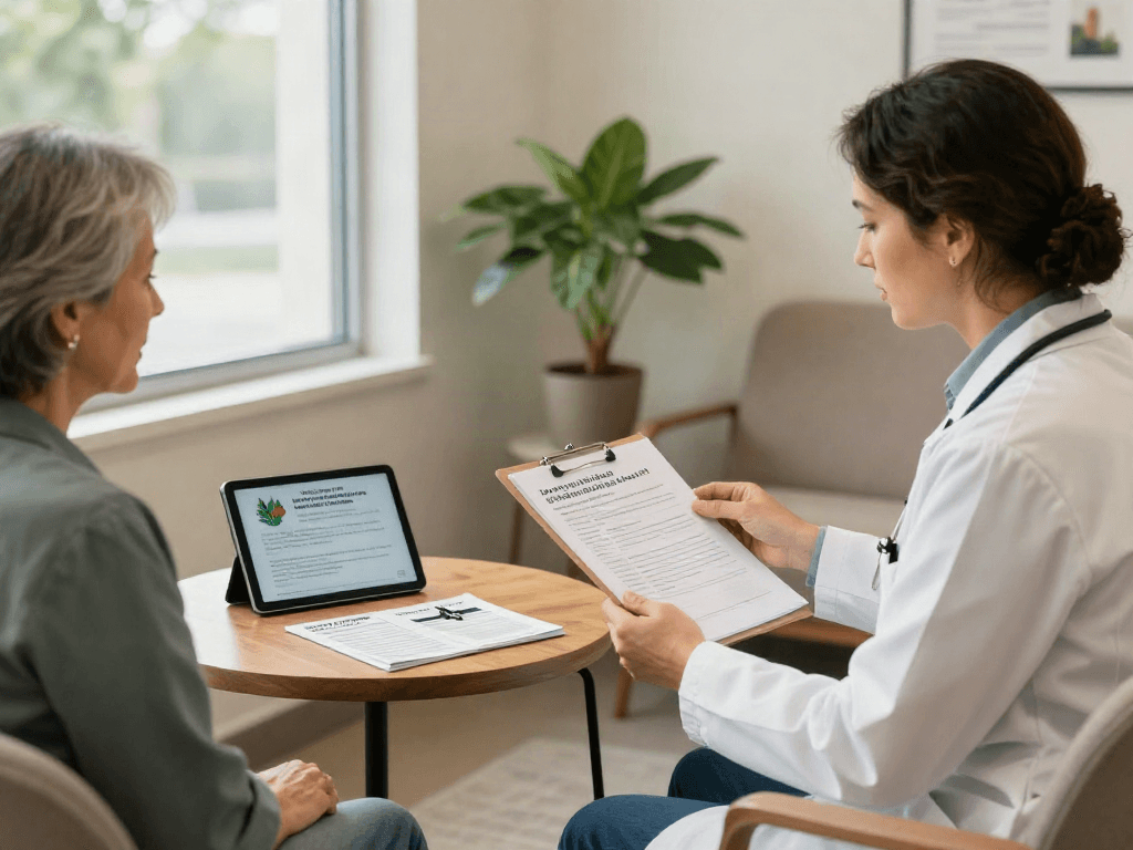 Patient consulting about the Texas MMJ card benefits in a welcoming health clinic, discussing with a professional.