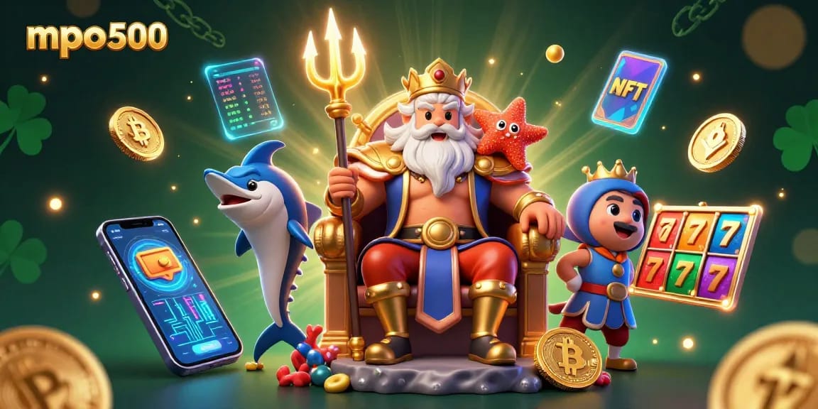 MPO500 features the vibrant sea king Neptune amidst a dynamic gambling scene filled with slots and cryptocurrency elements.