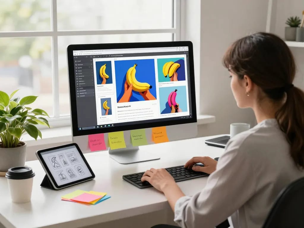 Designer using nano banana AI tools in a vibrant digital workspace.
