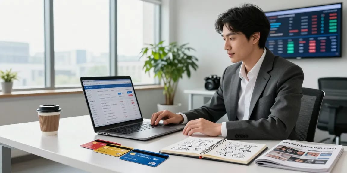 Financial advisor managing 신용카드현금화 strategies in a modern office setting with graphs and credit cards.