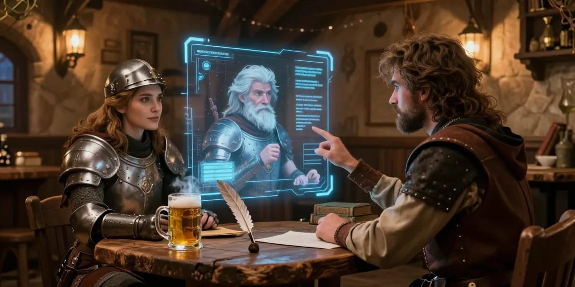 Tavern AI scene showcasing user engaging with AI characters in a cozy virtual tavern.