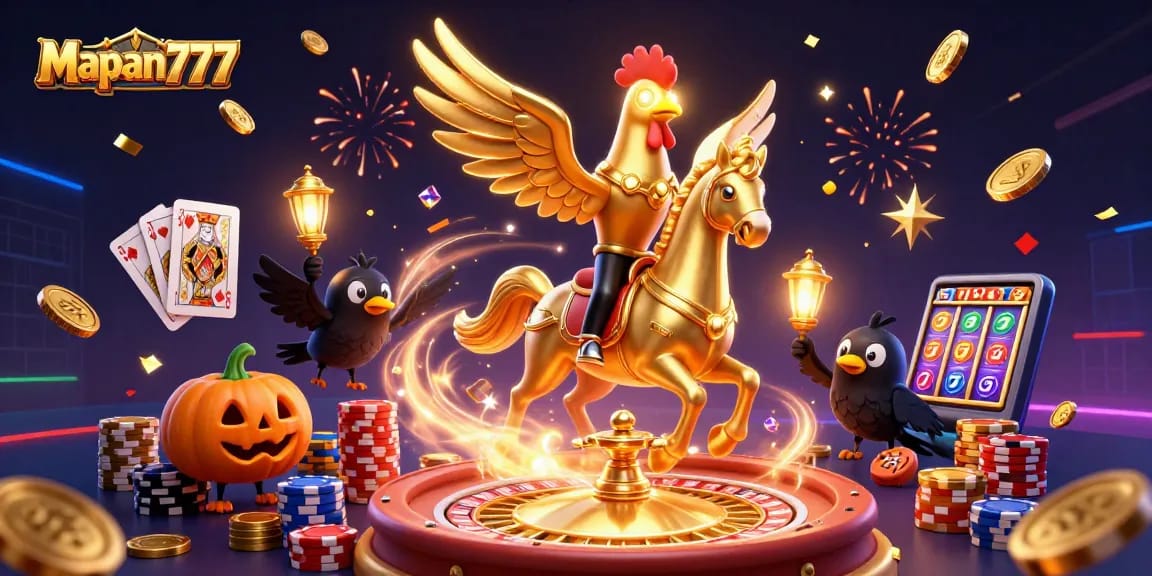 Engage with Mapan777 through an exciting 3D casino scene featuring dynamic characters and vibrant gaming elements.