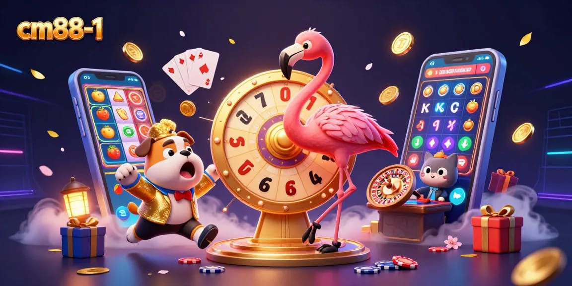 Spin the giant prize wheel with cm88-1, featuring colorful slot games and vibrant casino elements surrounding excited characters.