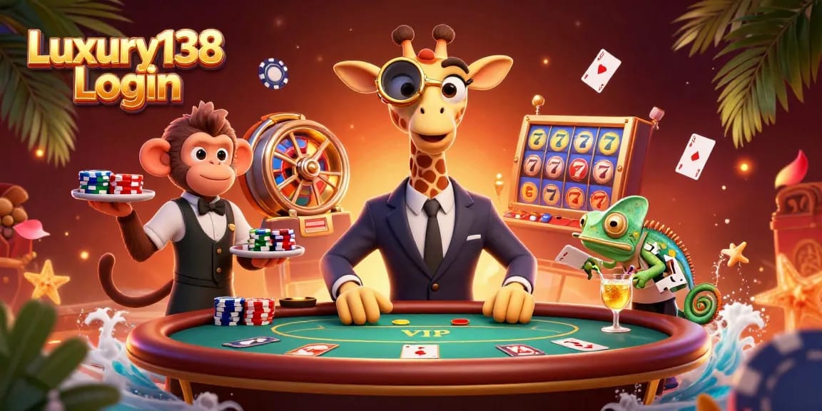 Join the action with Luxury138 Login, featuring a high-roller giraffe and energetic casino atmosphere.