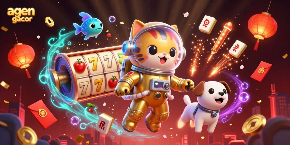 Simplify your gaming experience with agen gacor, featuring a vibrant scene of a cat astronaut and a robot dog amidst dynamic casino elements.