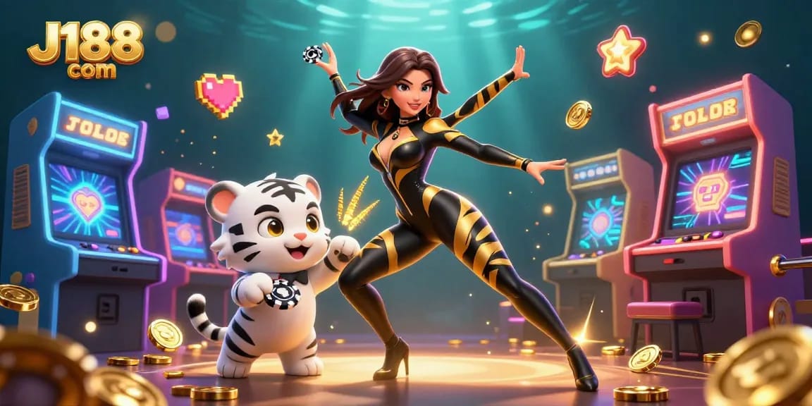 Experience thrilling gameplay with J188 com, featuring a dynamic casino scene with vibrant characters and gaming elements.
