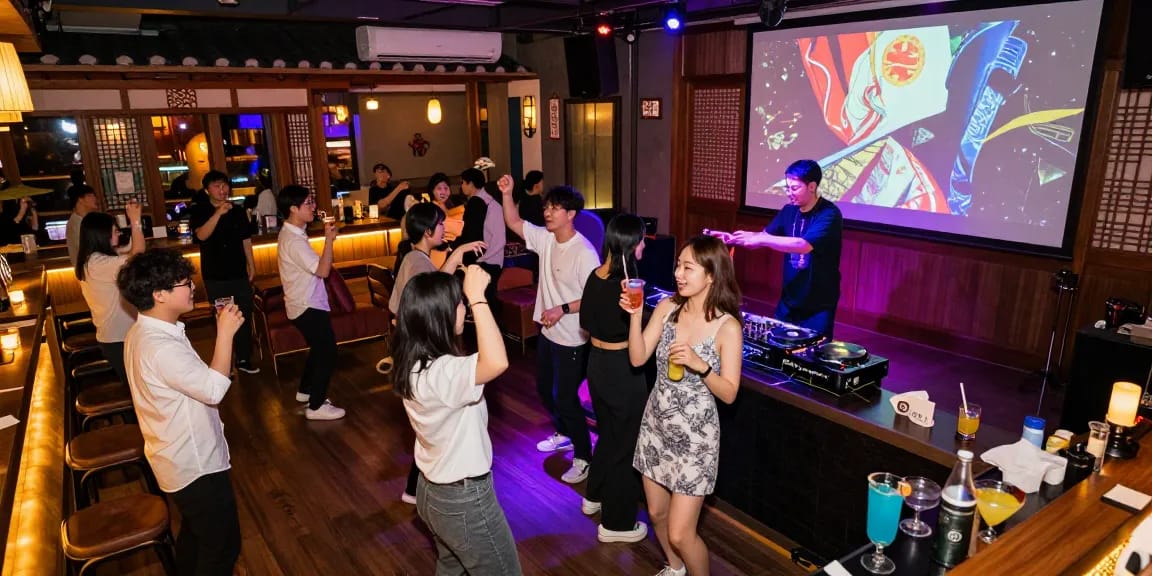 Joyful nightlife at 상봉동 한국관나이트 with friends dancing under colorful lights and enjoying Korean cocktails in a vibrant setting.