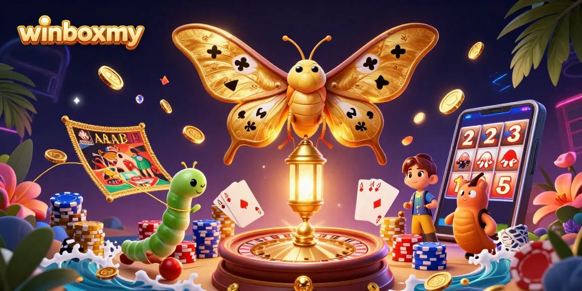 WinboxMY showcases a thrilling casino scene featuring a vibrant atlas moth and golden treasures.