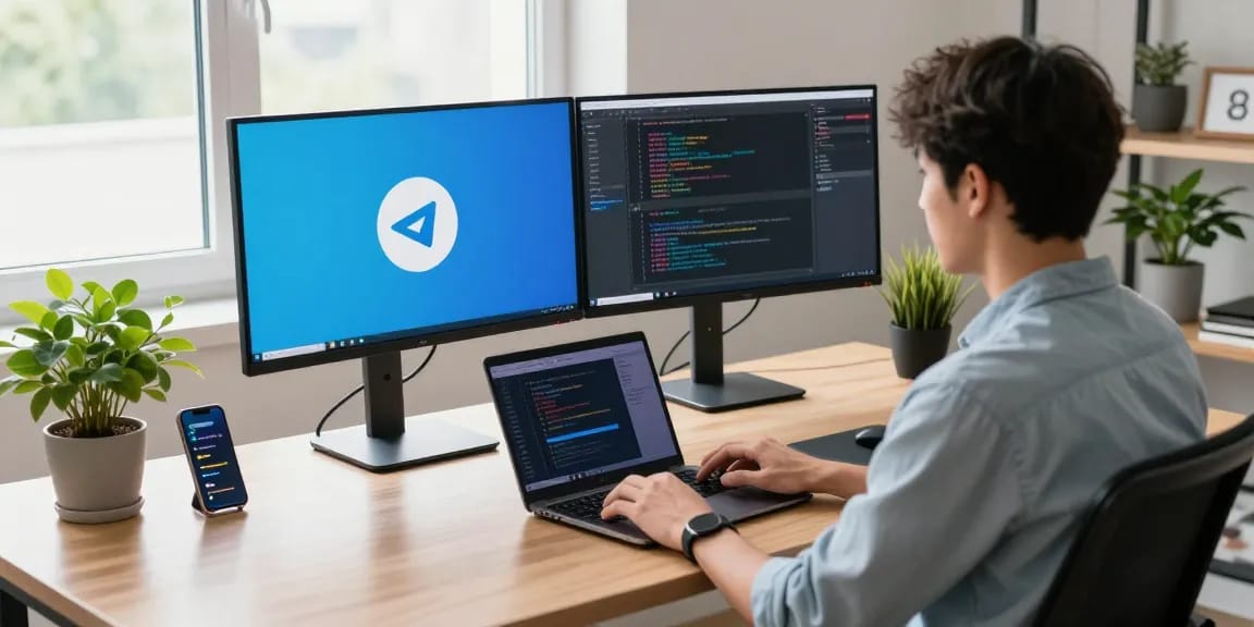 telegram中文版下载 displayed on dual monitors of a modern tech workspace, emphasizing productivity and innovation.