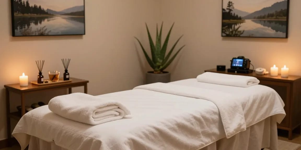Luxurious 대구스웨디시 massage therapy room with warm ambiance, soft lighting, and calming decor.
