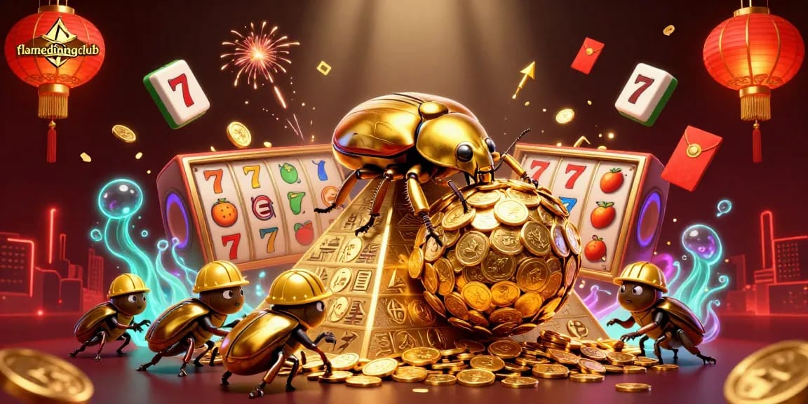 Flamediningclub showcases winning slot strategies with vibrant casino elements in 3D illustration.