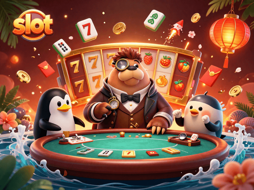 Permainan slot yang mengasyikkan dengan walrus dan dealer penguin dalam ilustrasi 3D.