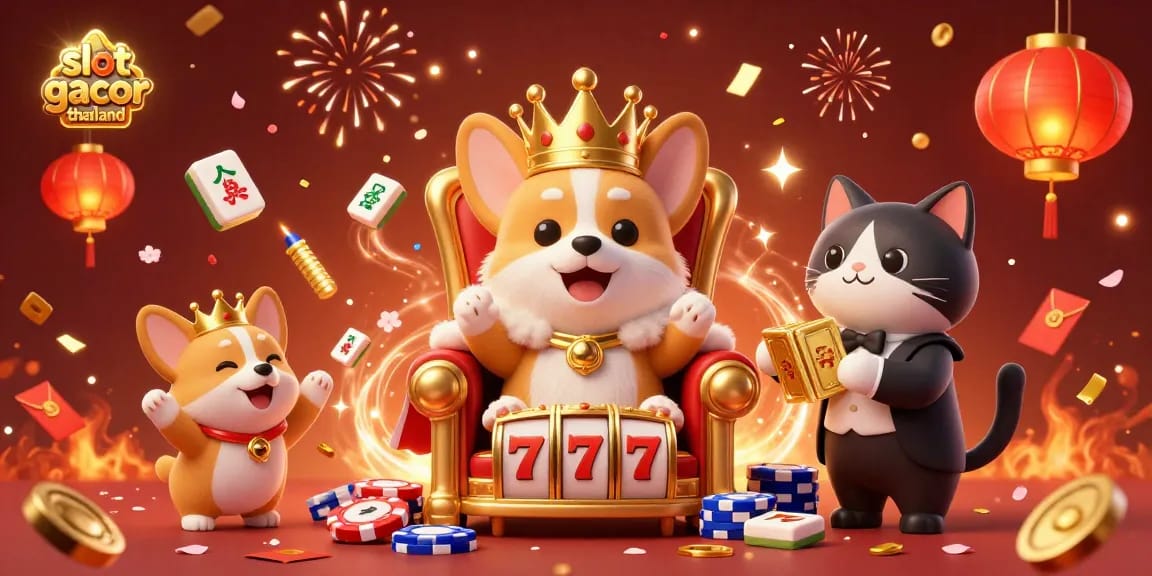 Celebrate with slot gacor thailand as the royal corgi and friends enjoy vibrant casino luck.