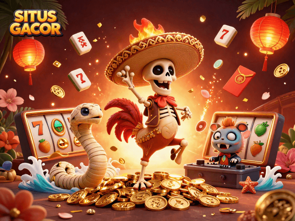SITUS GACOR showcases a vibrant victory dance with a mariachi rooster on spinning slot reels.