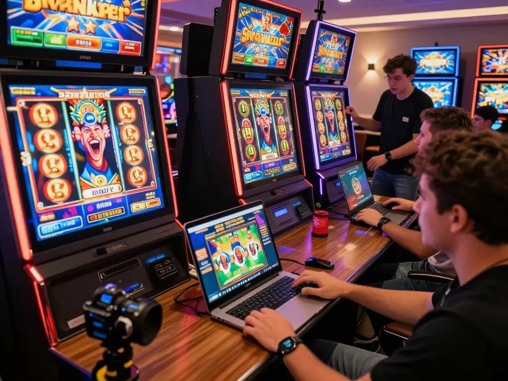 Koinvegas slot game interface displayed on a laptop with players celebrating wins at colorful machines.