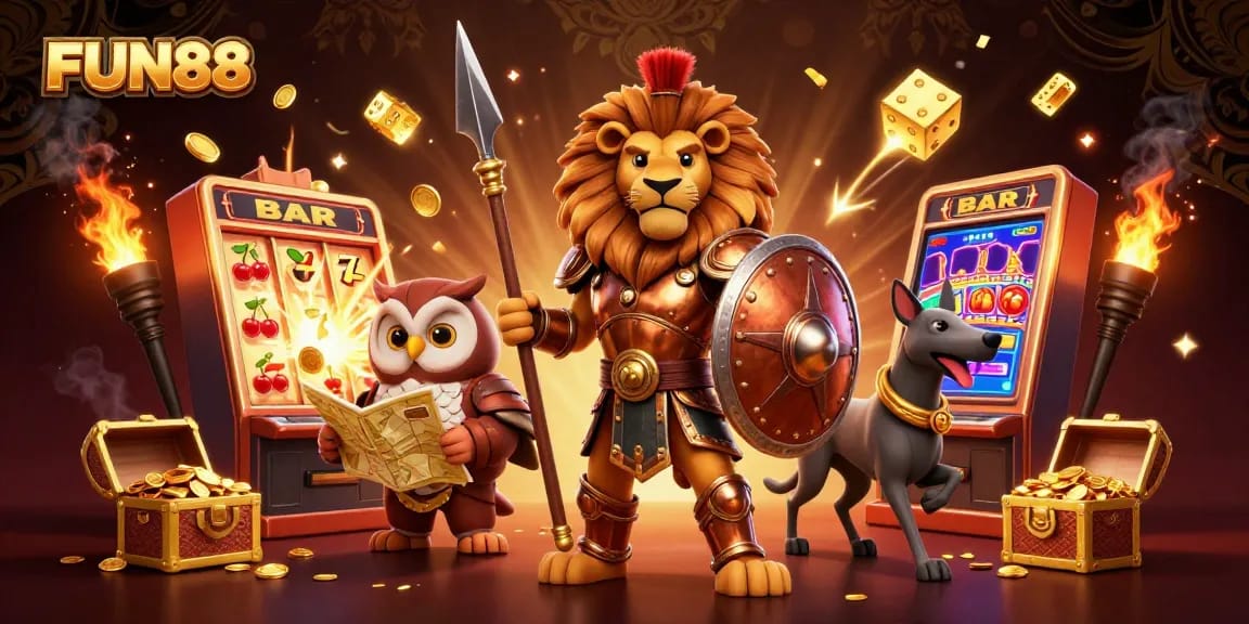 Experience thrilling gameplay at FUN88 with lively characters and casino elements bursting into action.
