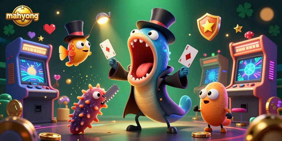 Join the exciting mahyong action while a bioluminescent eel performs card tricks in a vibrant casino scene.
